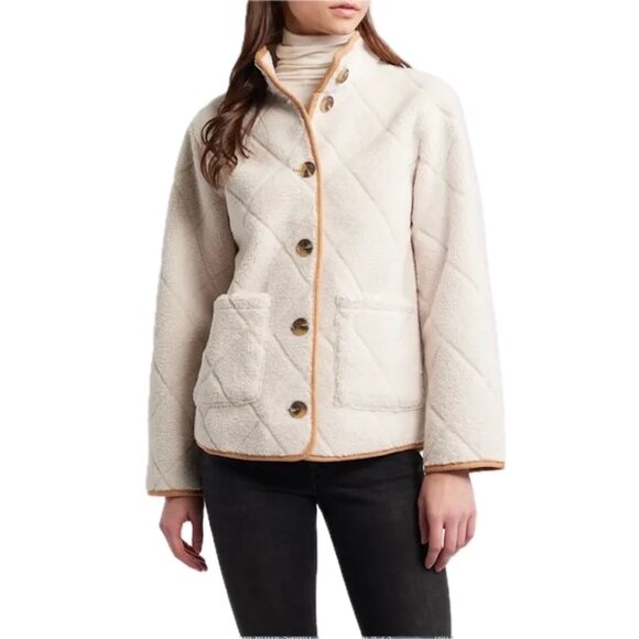 😊Ralph Lauren Sherpa Jacket Wm Sz M Cream Tan Trim Quilted Faux Shearling NEW - Picture 1 of 9
